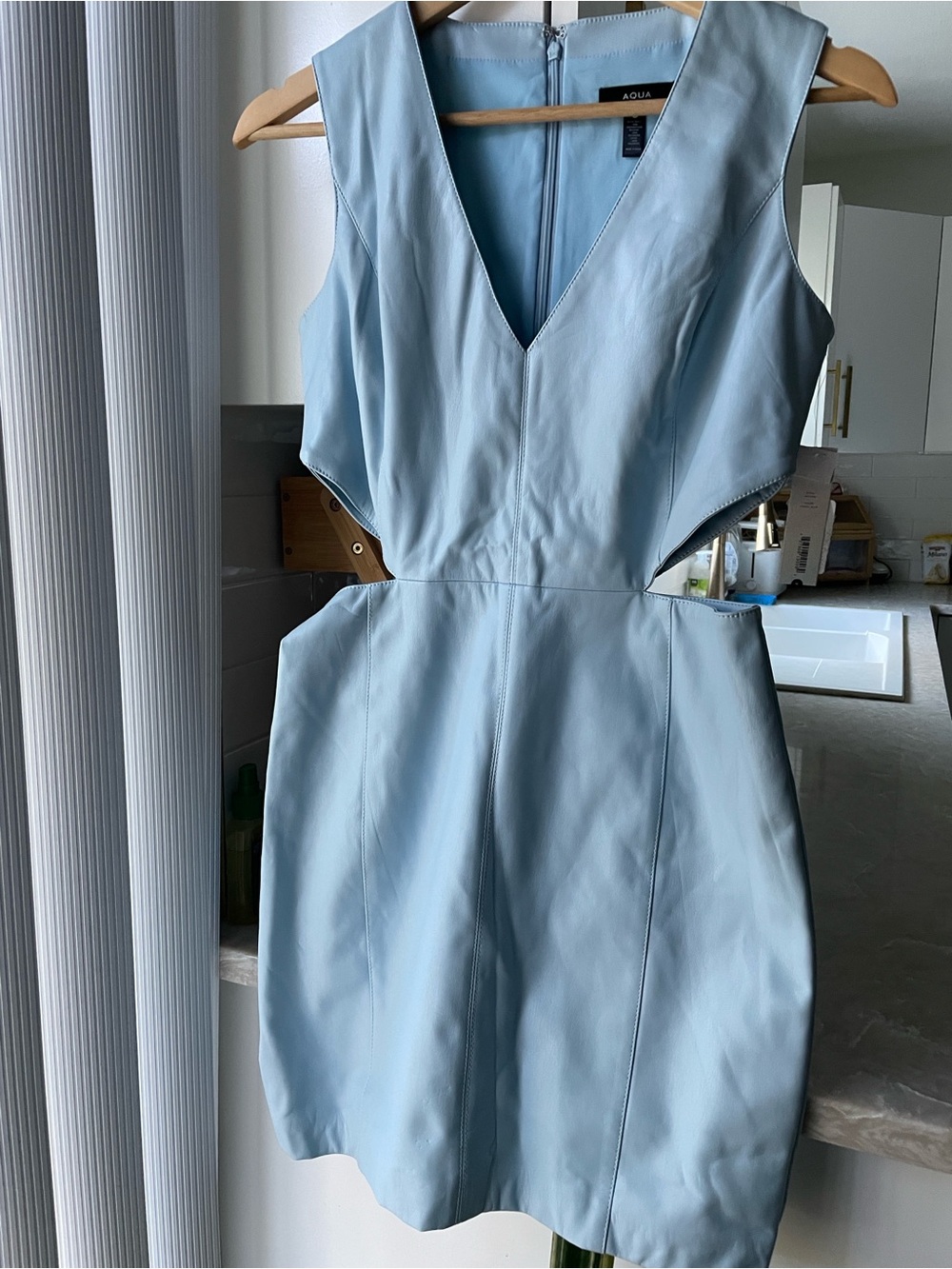 NWT baby blue leather vegan hollow sides classic v neck mini SM